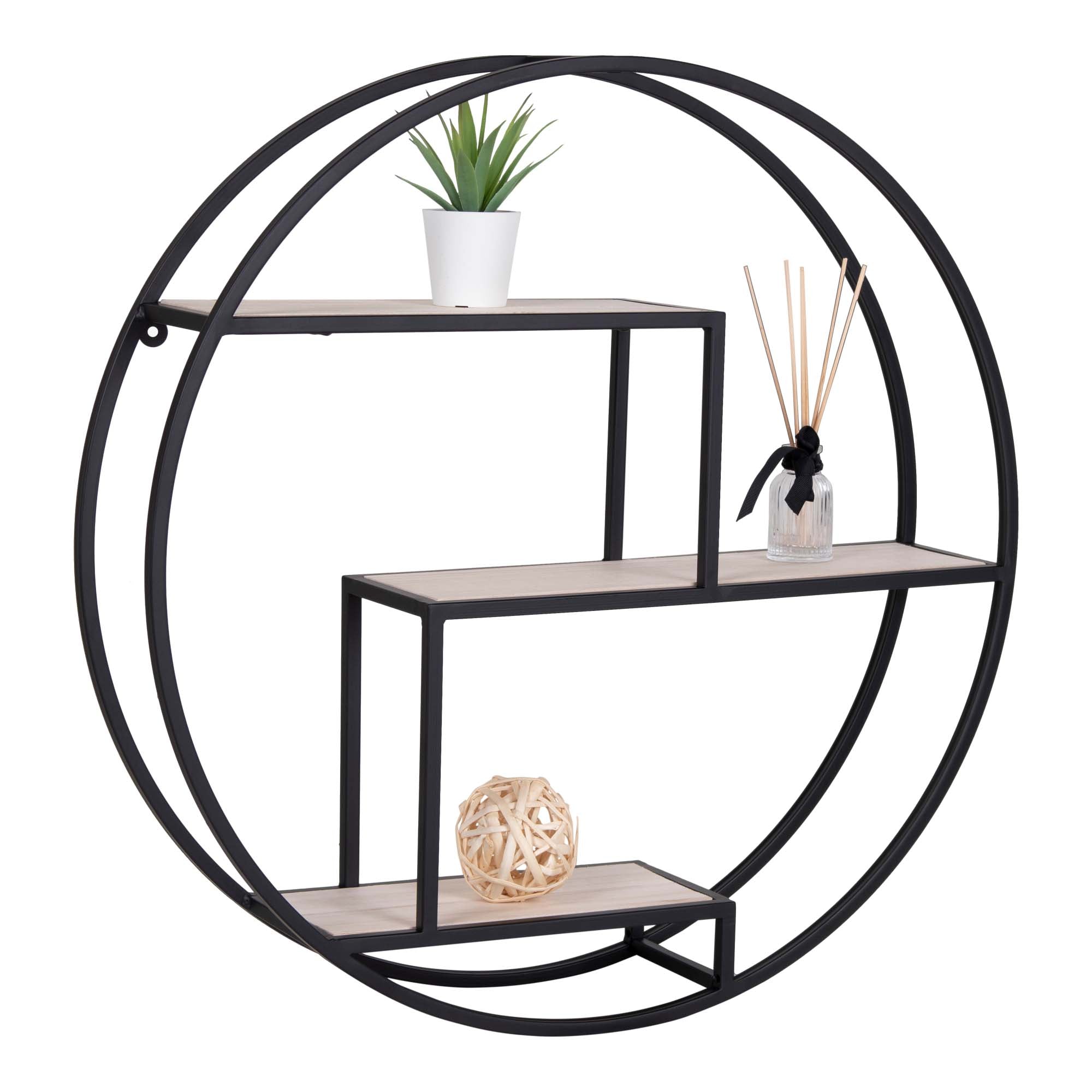 Rotterdam Wall Shelf - Wall shelf, wood shelves, black frame ø62x14 cm