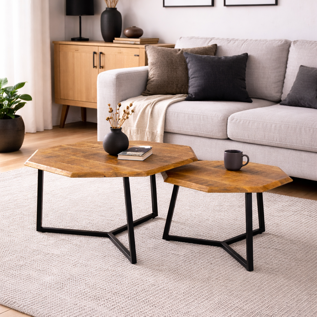 Lastra Beistelltisch-Set aus schwarzem Metall und wiederverwendetem Holz